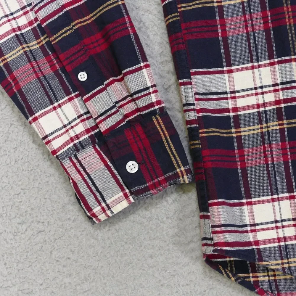 J Crew Oxford Shirt Mens Large SLIM Fit Red Navy Blue Plaid Long Sleeve